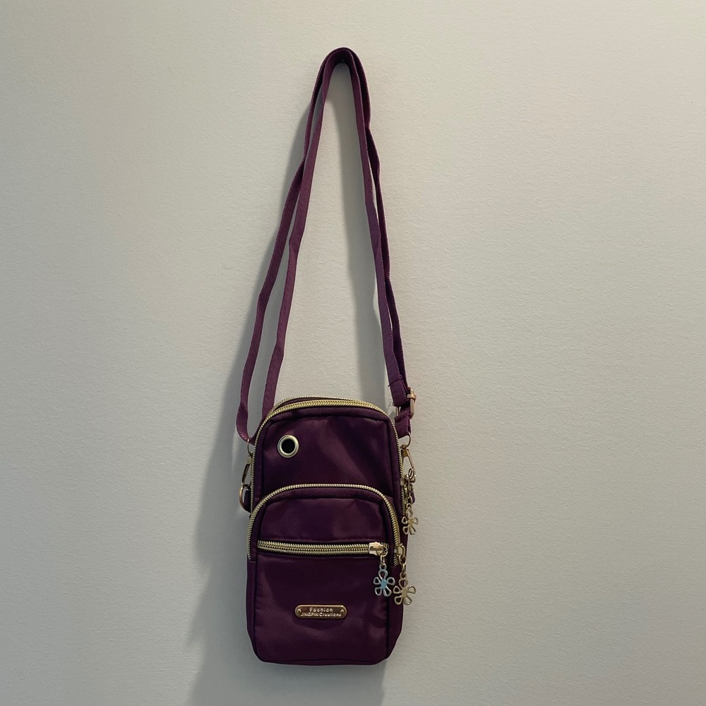 JINGPIN Creations Purple Nylon Multi-Pocket Crossbody Phone Bag Travel Purse